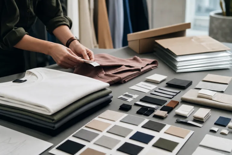 A practical apparel development scene showing label components and trim planning for a startup clothing line.