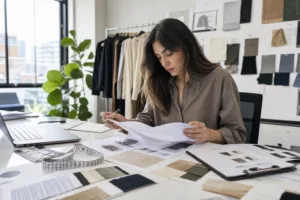 A realistic sourcing workspace showing early-stage supplier evaluation with quotes, swatches, and technical documents.