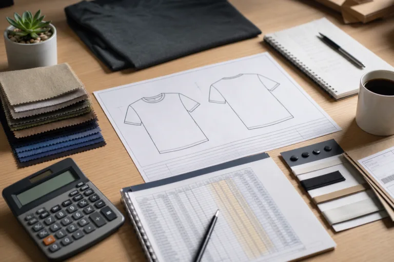 An editorial-style scene showing the practical setup behind apparel product costing and pricing decisions.