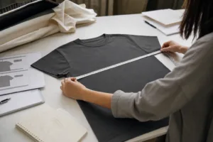 A clean apparel product development scene showing a garment being measured for early size chart planning.