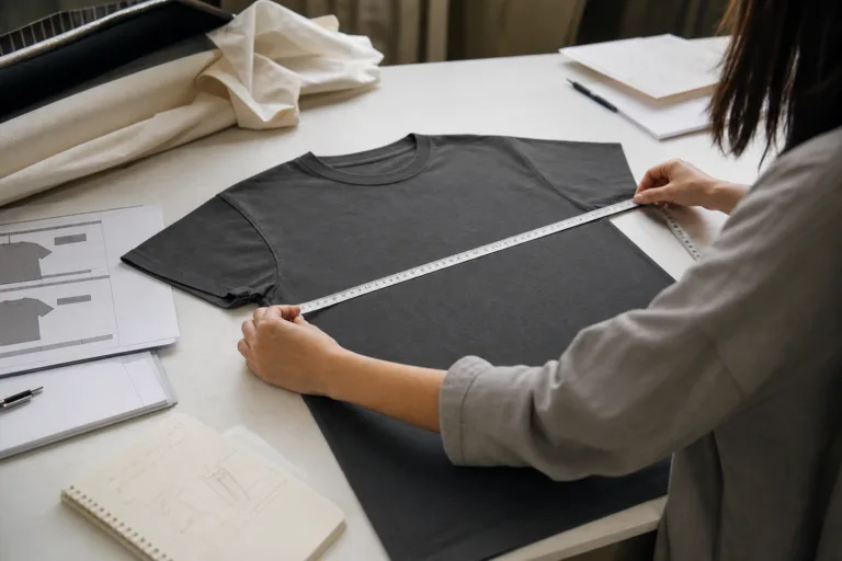 A clean apparel product development scene showing a garment being measured for early size chart planning.