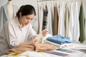 A practical fabric inspection scene showing garment materials, swatches, and QC review tools used to check shade, texture, and consistency.