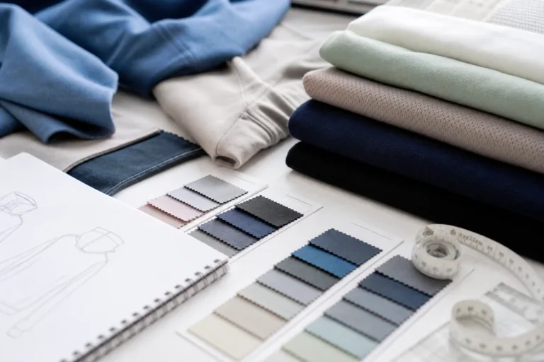 A clean editorial image showing fabric swatches and sourcing tools for first-line fabric selection.