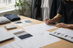 A clean apparel planning scene showing early first-drop assortment decisions with a few core styles, fabric references, and product notes.