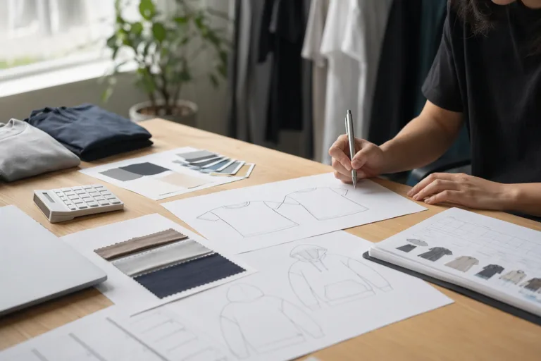 A clean apparel planning scene showing early first-drop assortment decisions with a few core styles, fabric references, and product notes.