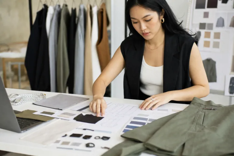 An educational image showing how development documents, fabrics, and trims come together in a full package sourcing workflow.