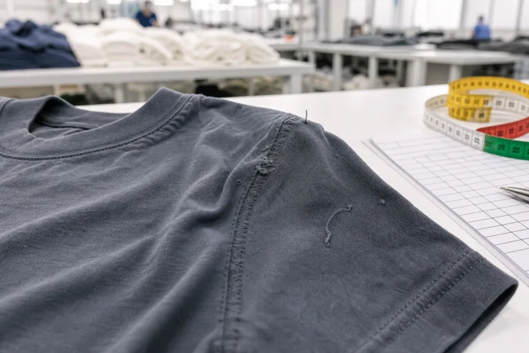 A practical quality control scene focused on visible sewing and workmanship defects in a sample garment.