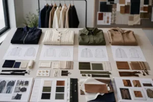 A clean editorial image showing garments, swatches, labels, and development documents used to compare common clothing sourcing models.