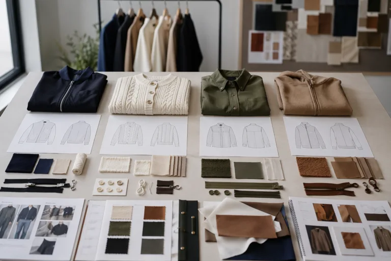 A clean editorial image showing garments, swatches, labels, and development documents used to compare common clothing sourcing models.