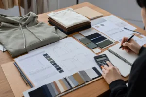 A sourcing and cost-planning workspace showing garments, fabric swatches, and budget tools for evaluating private label apparel profit.
