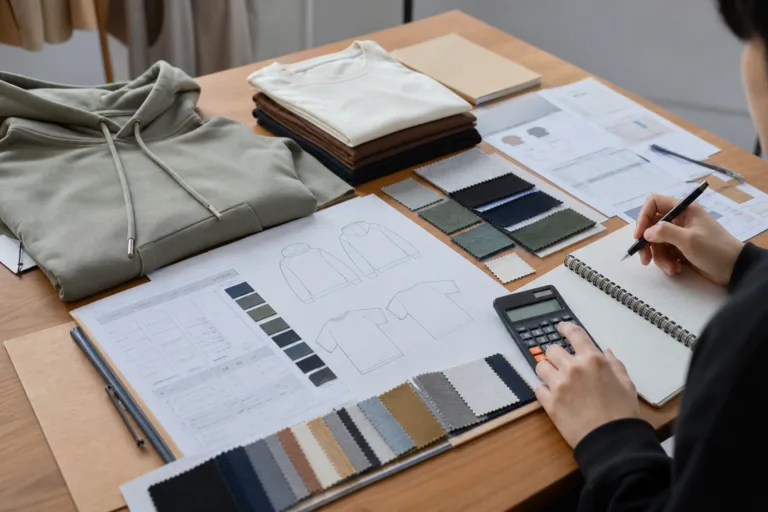 A sourcing and cost-planning workspace showing garments, fabric swatches, and budget tools for evaluating private label apparel profit.