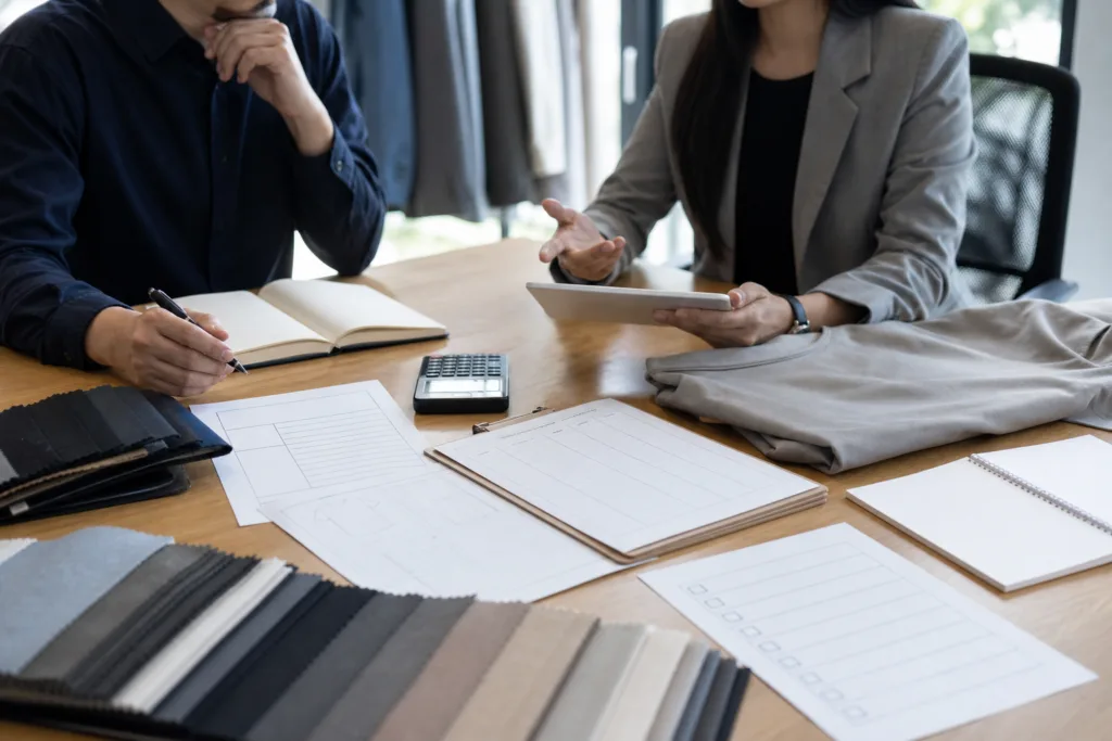 An educational sourcing scene showing a buyer comparing MOQ terms, samples, and garment specifications before placing an order.