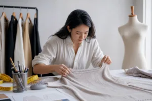 An apparel developer measures and reviews a garment sample before sending structured comments to the factory.
