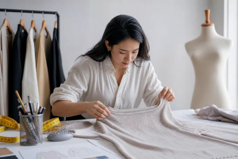 An apparel developer measures and reviews a garment sample before sending structured comments to the factory.