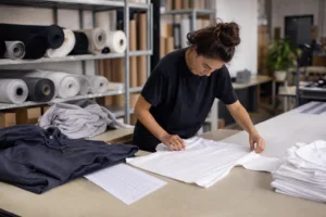 An educational visual showing a low-volume apparel production setup with simple garments and planning materials.