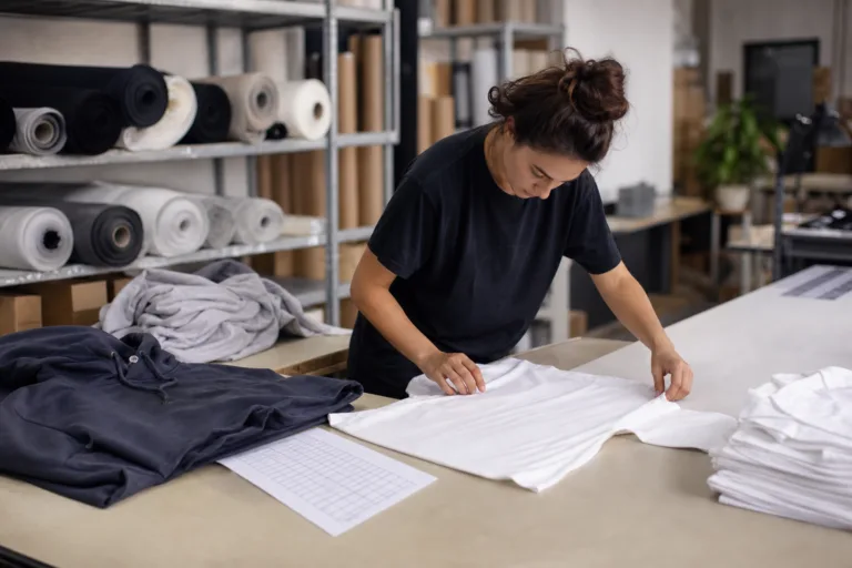 An educational visual showing a low-volume apparel production setup with simple garments and planning materials.