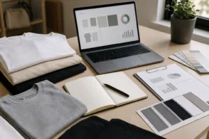 A practical startup planning scene showing the early decision stage of a low-budget clothing brand launch.