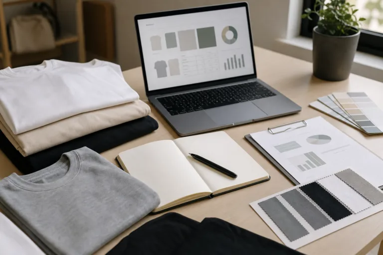 A practical startup planning scene showing the early decision stage of a low-budget clothing brand launch.