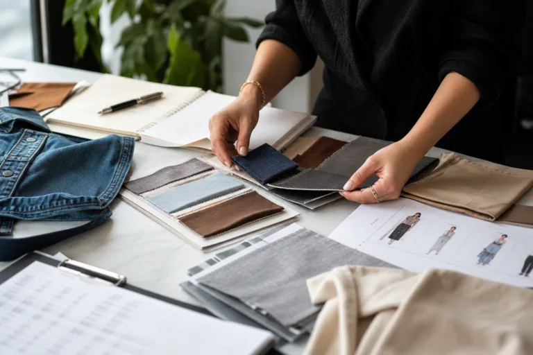 An editorial image illustrating early apparel sourcing decisions with samples, fabric options, and planning documents.