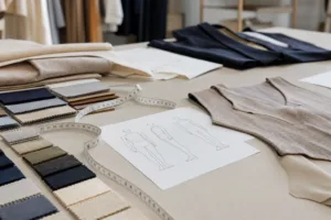 An apparel development workspace showing spec planning, fabric review, and measurement tools.
