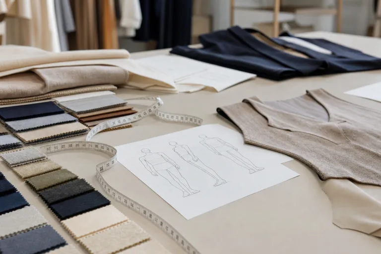 An apparel development workspace showing spec planning, fabric review, and measurement tools.