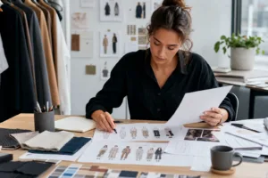 A realistic startup workspace showing early clothing brand strategy, customer definition, and category planning before sampling or production.