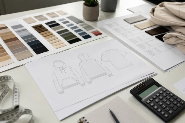 A technical sourcing desk scene showing quote sheets, fabric swatches, and garment specs used to compare apparel production pricing.
