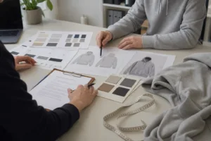 An editorial-style workspace showing contract review alongside garment development documents and fabric references.