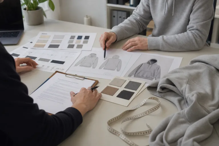 An editorial-style workspace showing contract review alongside garment development documents and fabric references.