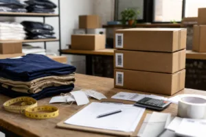 A realistic warehouse planning scene showing apparel cartons, measurements, and freight costing tools used for early logistics estimation.