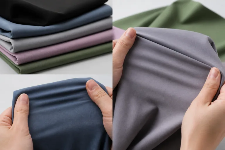 Editorial image showing several activewear compression fabric swatches being stretched to compare density, recovery, and surface feel.
