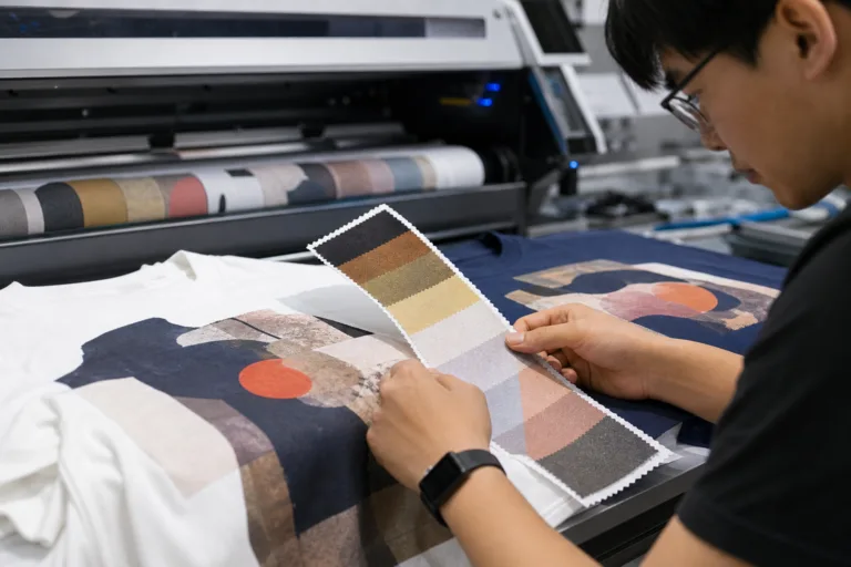 An educational visual showing the difference between printed garments and printed fabric in a modern apparel development setting.