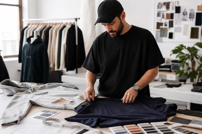 A practical apparel product development workspace showing early garment samples, swatches, and design review tools.