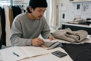 A practical workspace scene showing early-stage apparel decision-making with samples, fabric swatches, and planning notes.