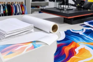 A clean editorial image showing the core sublimation setup with polyester materials and printed sportswear components.