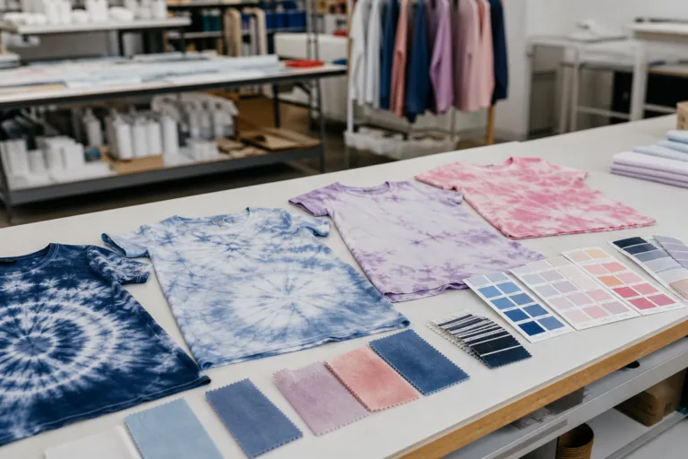 A professional product development scene showing tie-dye garment samples, swatches, and color references used during apparel planning.