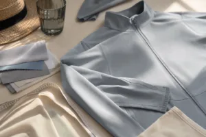 A clean editorial scene showing fabric swatches and garment details used to evaluate UPF clothing.