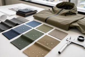 A clean editorial setup showing fabric swatches and shell samples for comparing waterproof and water-resistant performance.