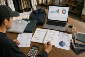 A practical apparel planning scene showing cost sheets, garments, and channel comparison tools for founders deciding between wholesale and direct sales.