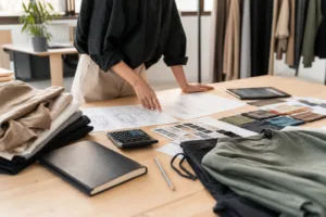A realistic startup apparel planning desk with fabric swatches, notes, and sample garments to illustrate early product planning risks.