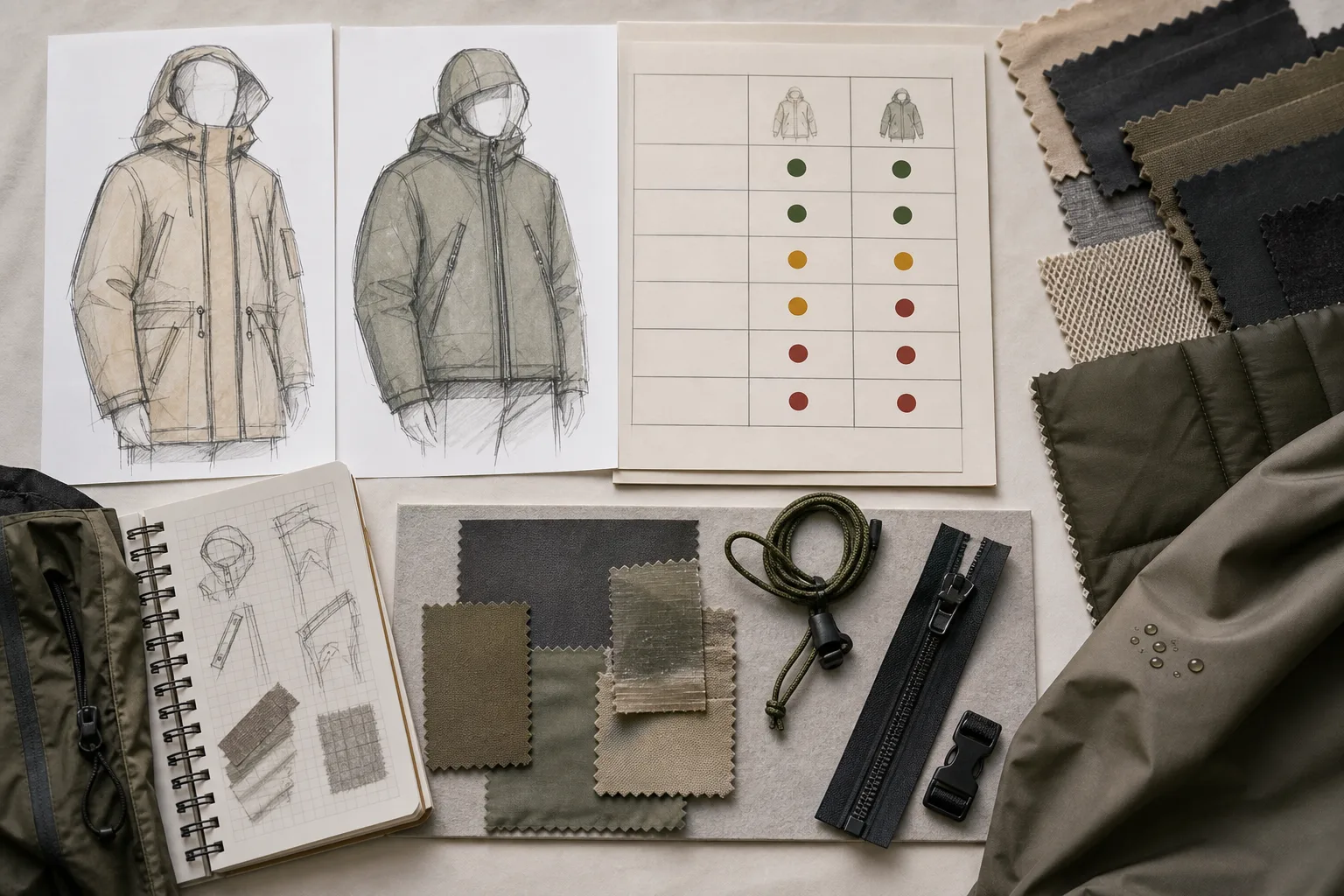 Two outerwear concept sketches compared with a qualitative decision matrix.
