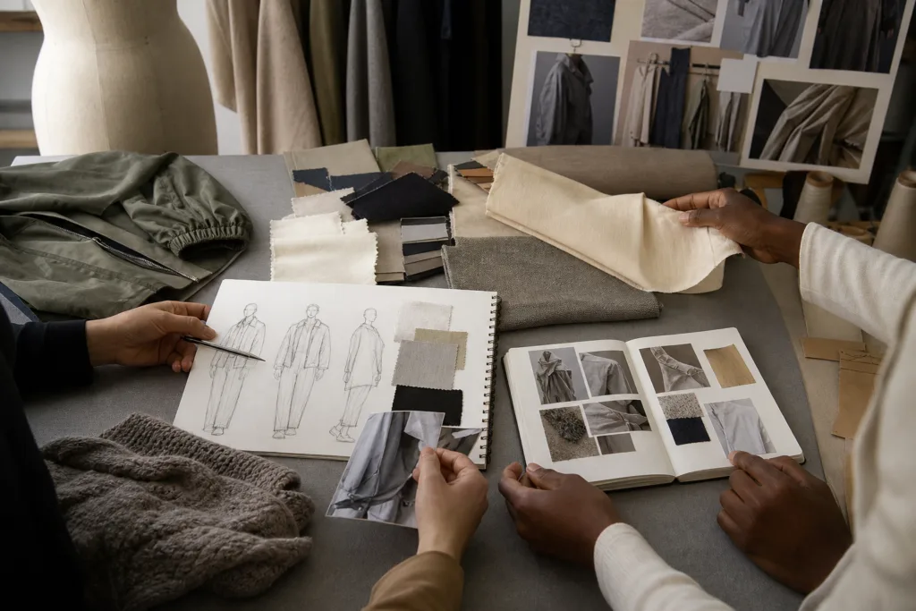 Designer reviewing wearer scenario notes and an annotated apparel concept sketch.