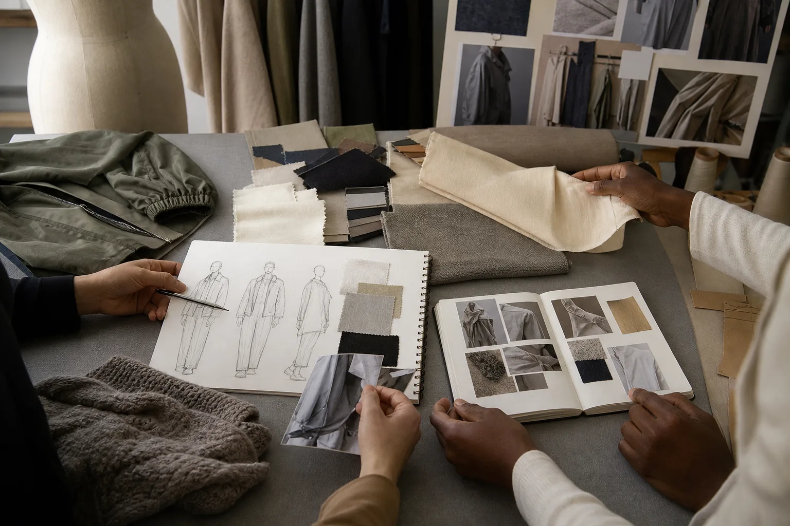 Designer reviewing wearer scenario notes and an annotated apparel concept sketch.