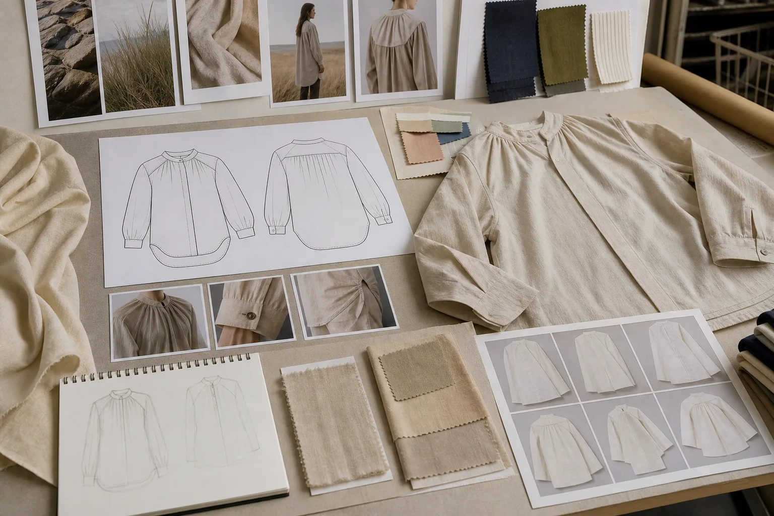 Garment flat, material swatches, and annotated concept brief prepared for development review.