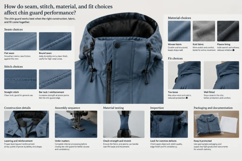 How do seam, stitch, material, and fit choices affect chin guard performance? — Apparel Wiki guide