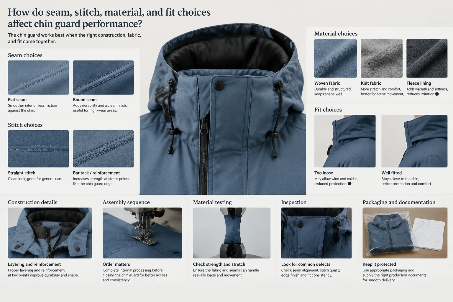 How do seam, stitch, material, and fit choices affect chin guard performance? — Apparel Wiki guide