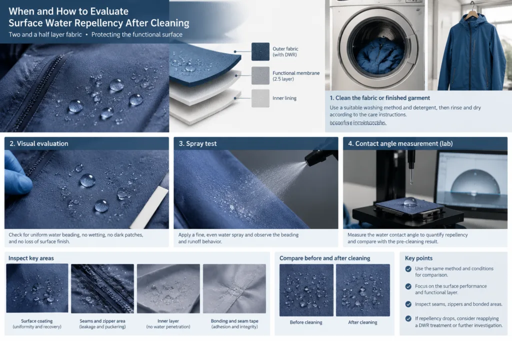 When and How to Evaluate Surface Water Repellency After Cleaning — Apparel Wiki guide