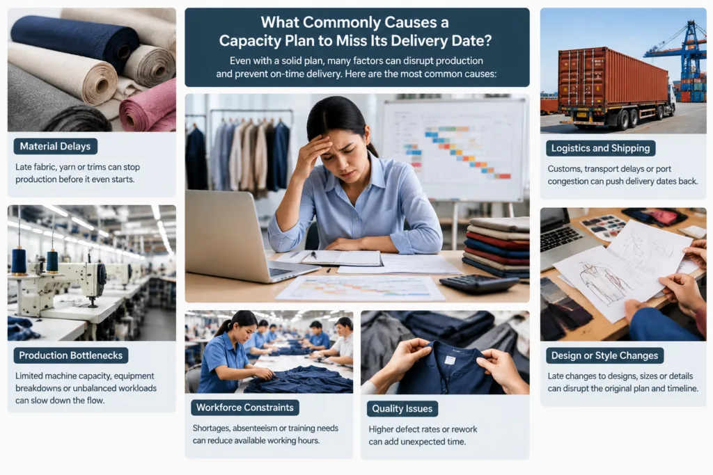 What commonly causes a capacity plan to miss its delivery date? — Apparel Wiki guide
