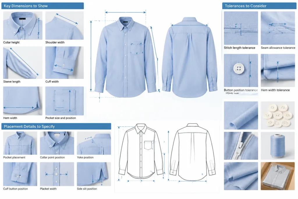 Which dimensions, tolerances, and placement details should be shown? — Apparel Wiki guide