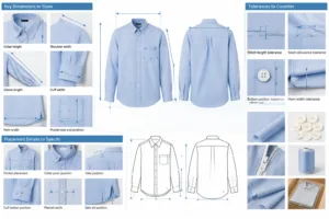 Which dimensions, tolerances, and placement details should be shown? — Apparel Wiki guide
